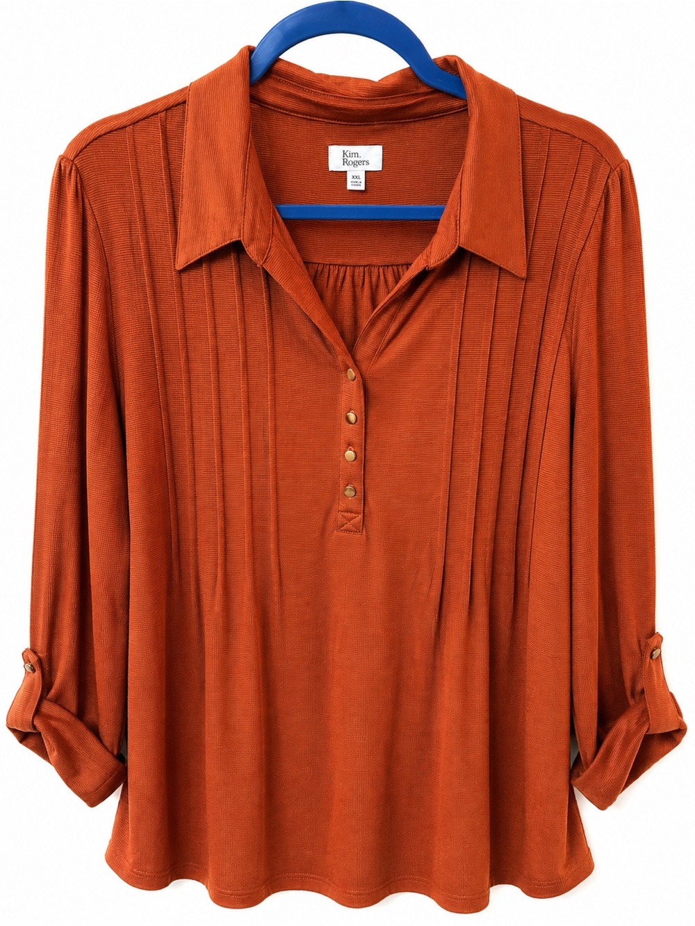 Kim Rogers Rust Orange Pintuck Roll-Tab Button Henley Top